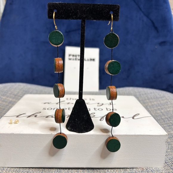 Genuine Leather Green and Brown Dangle Wooden Earrings - Picture 1 of 7